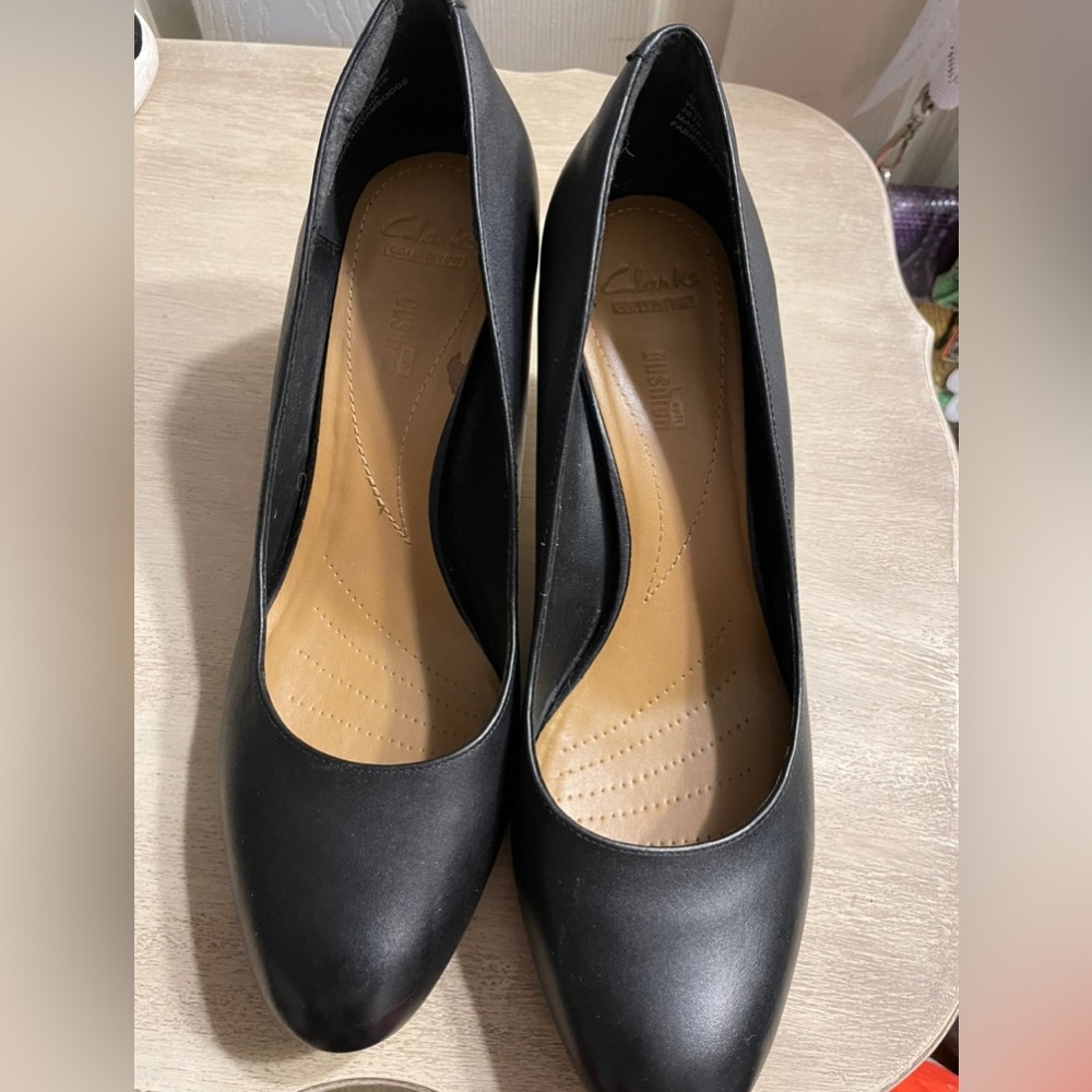 CLARKS- BLACK, soft cushion heels, size 7.5 UK. Heels you can wear all day.